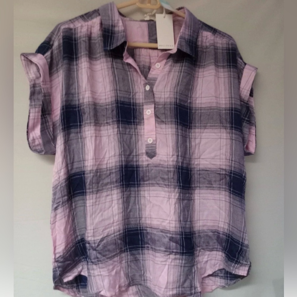 Women’s Plaid Short-Sleeve Button Pullover Blouse - Pink/Navy